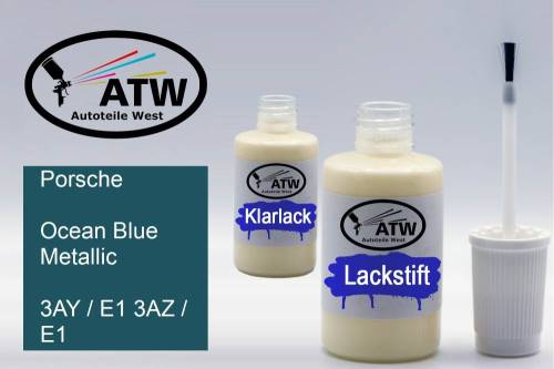 Porsche, Ocean Blue Metallic, 3AY / E1 3AZ / E1: 20ml Lackstift + 20ml Klarlack - Set, von ATW Autoteile West.